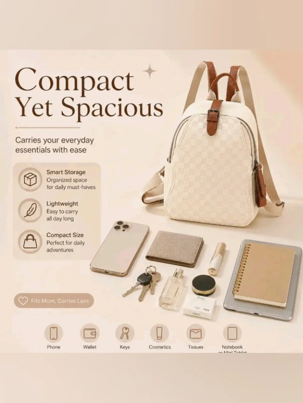 New Caitina Backpack Purse Checkered Pattern Travel Bag
